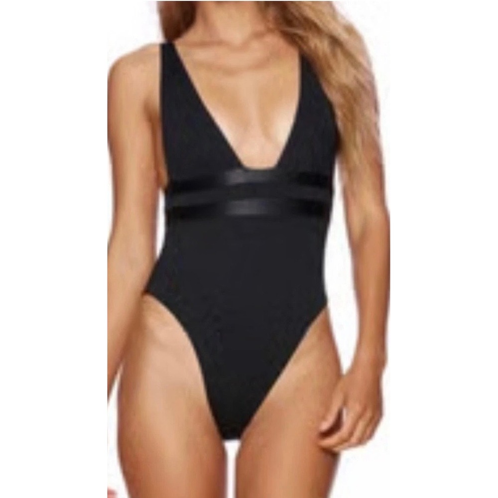 Beach Bunny Mia One Piece Swimsuit Black Deep V-Neck Satin Trim B191001P6 2X